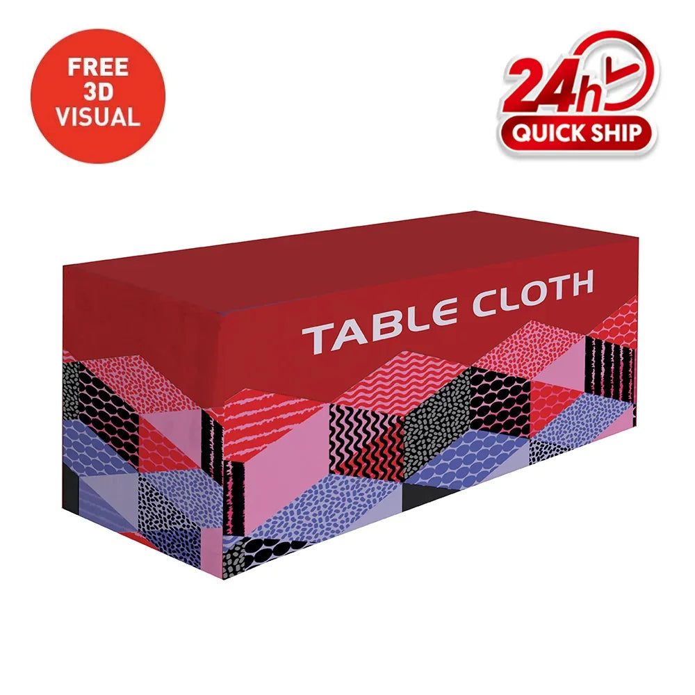 Custom printed rectangular table cloth with a red top and colorful geometric patterns on sides.