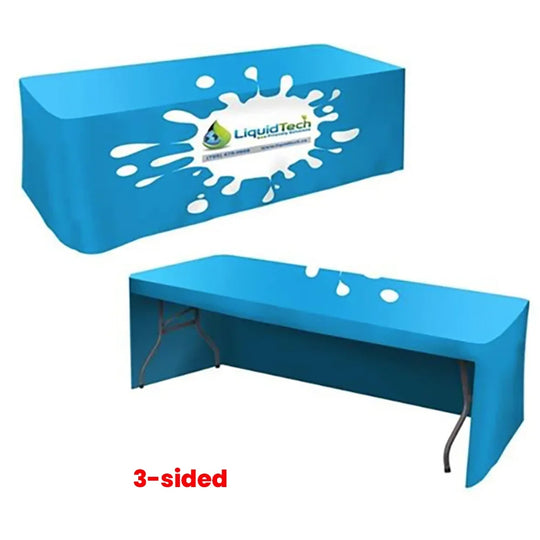Custom blue 3-sided table cover with LiquidTech branding and white splash design