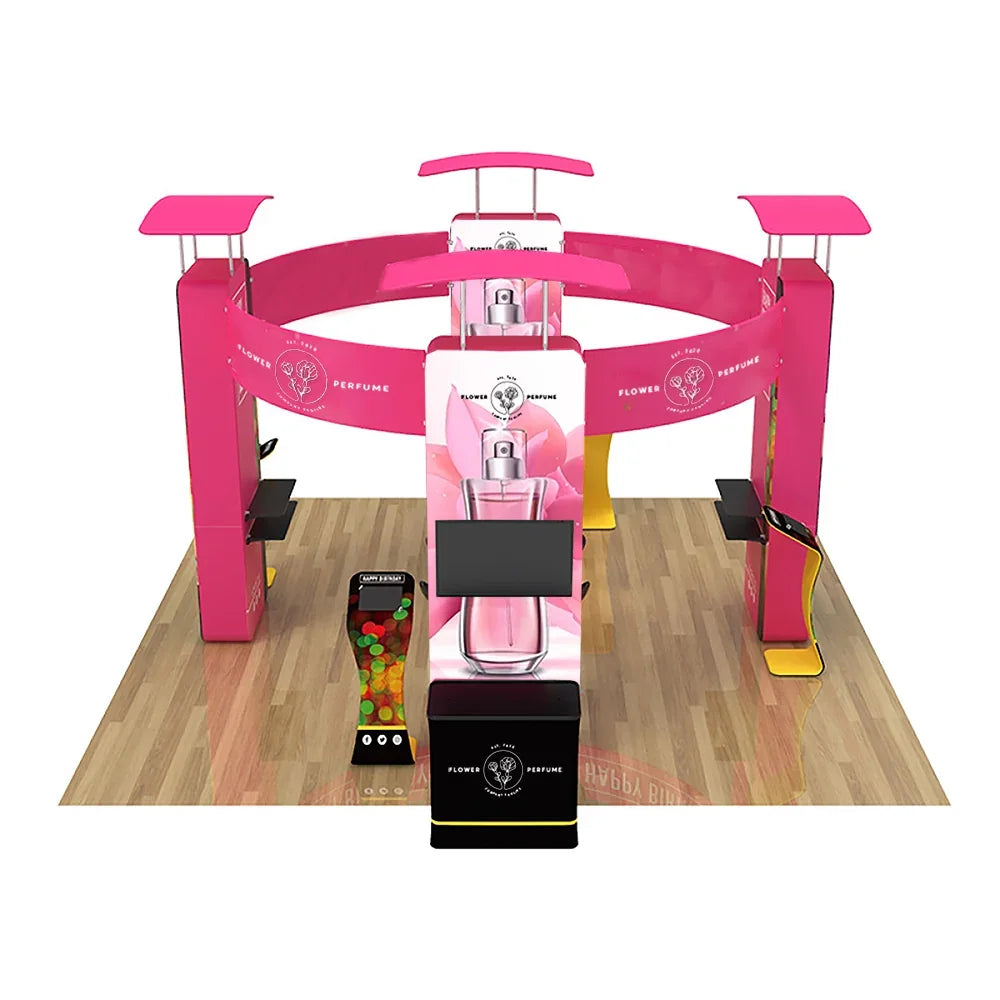 Custom pink perfume promotional trade show booth display with branded banners and shelving