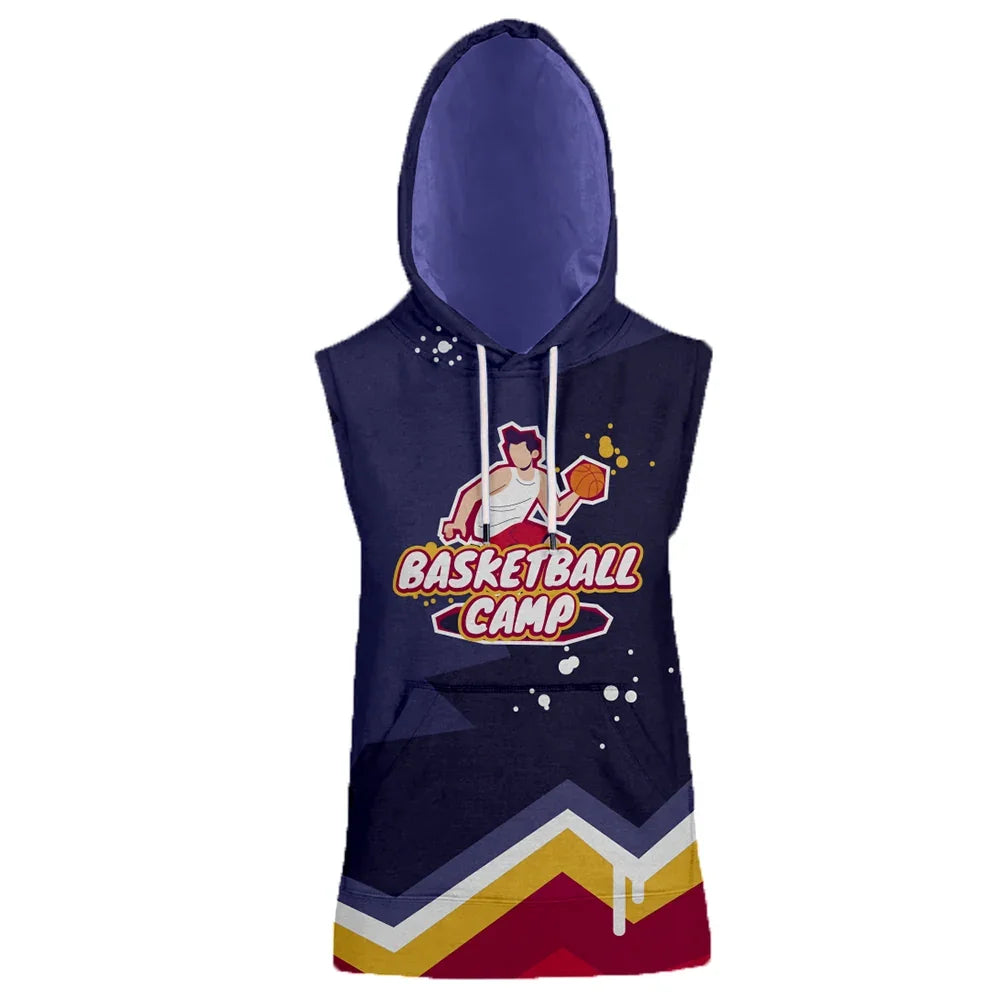 Navy blue sleeveless hoodie featuring a Basketball Camp graphic and colorful bottom accents.