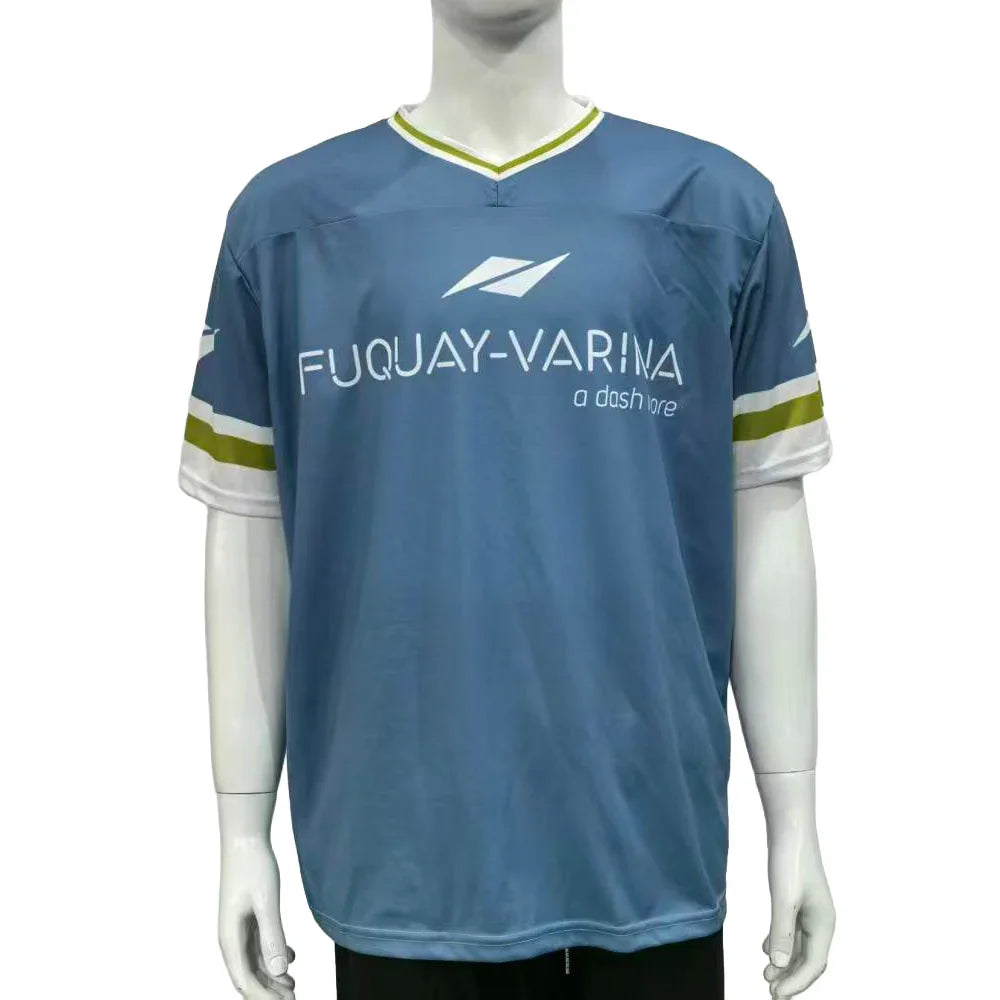 Custom blue athletic jersey with FUQUAY-VARINA text and green accents