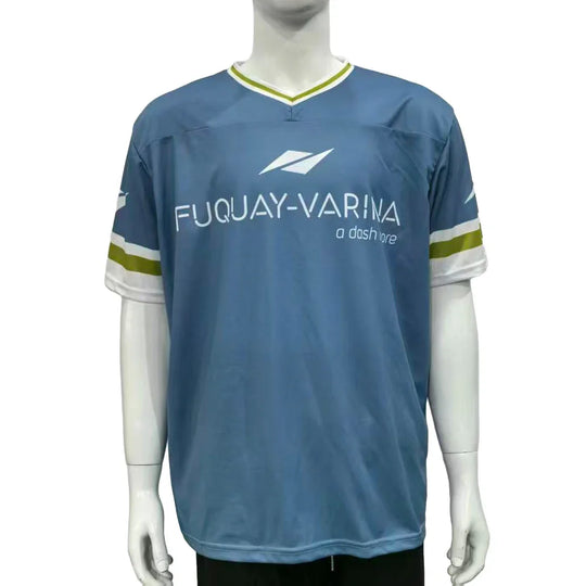 Custom blue athletic jersey with FUQUAY-VARINA text and green accents