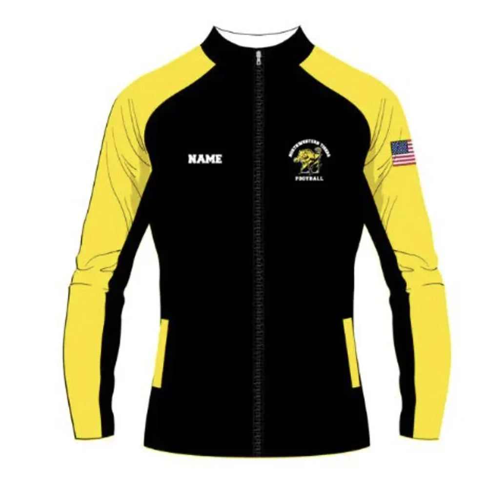 Custom black and yellow zip-up athletic jacket with football team logo and US flag