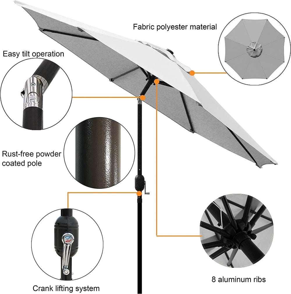 White patio umbrella with polyester fabric, powder coated pole, and crank lifting system.