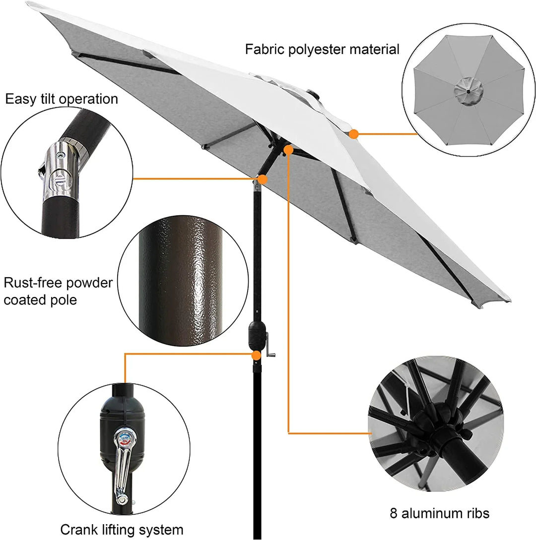 White patio umbrella with polyester fabric, powder coated pole, and crank lifting system.