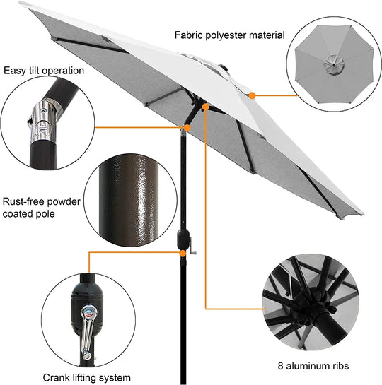 White patio umbrella with polyester fabric, powder coated pole, and crank lifting system.