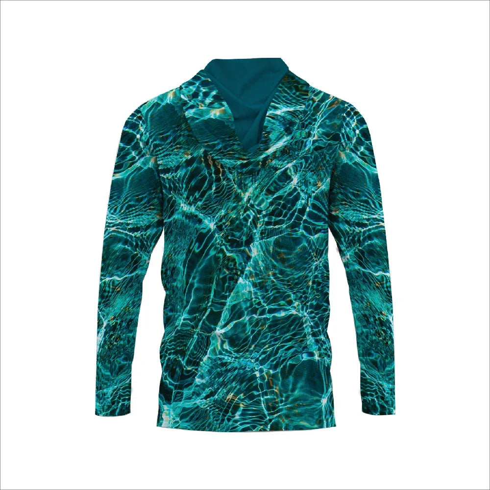 Long-sleeve hooded apparel featuring a teal and blue water ripple pattern.