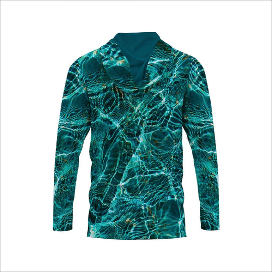 Long-sleeve hooded apparel featuring a teal and blue water ripple pattern.