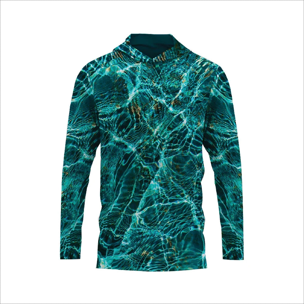 Long-sleeve apparel featuring a teal and blue shimmering water ripple pattern