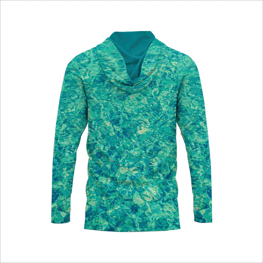 Long-sleeve teal and blue abstract floral print hooded apparel