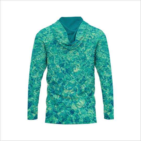 Long-sleeve teal and blue abstract floral print hooded apparel