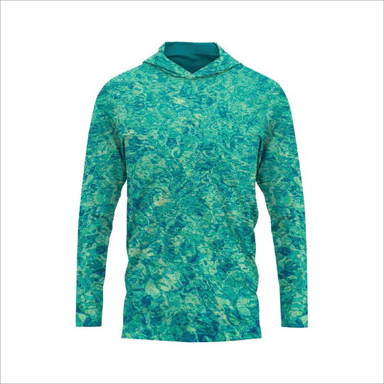 Teal and green floral pattern long sleeve hooded performance shirt