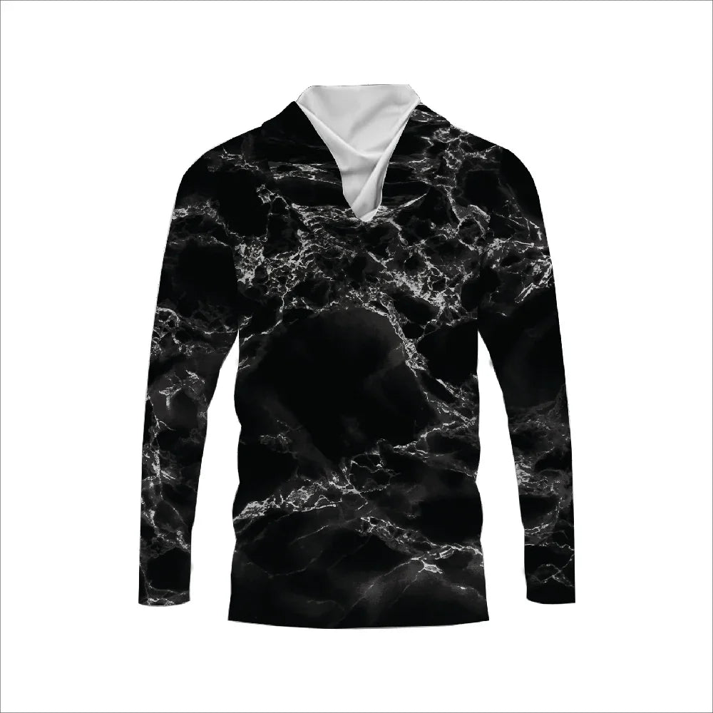 Long-sleeve shirt with a black and white marble pattern and a white collar