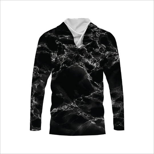 Long-sleeve shirt with a black and white marble pattern and a white collar