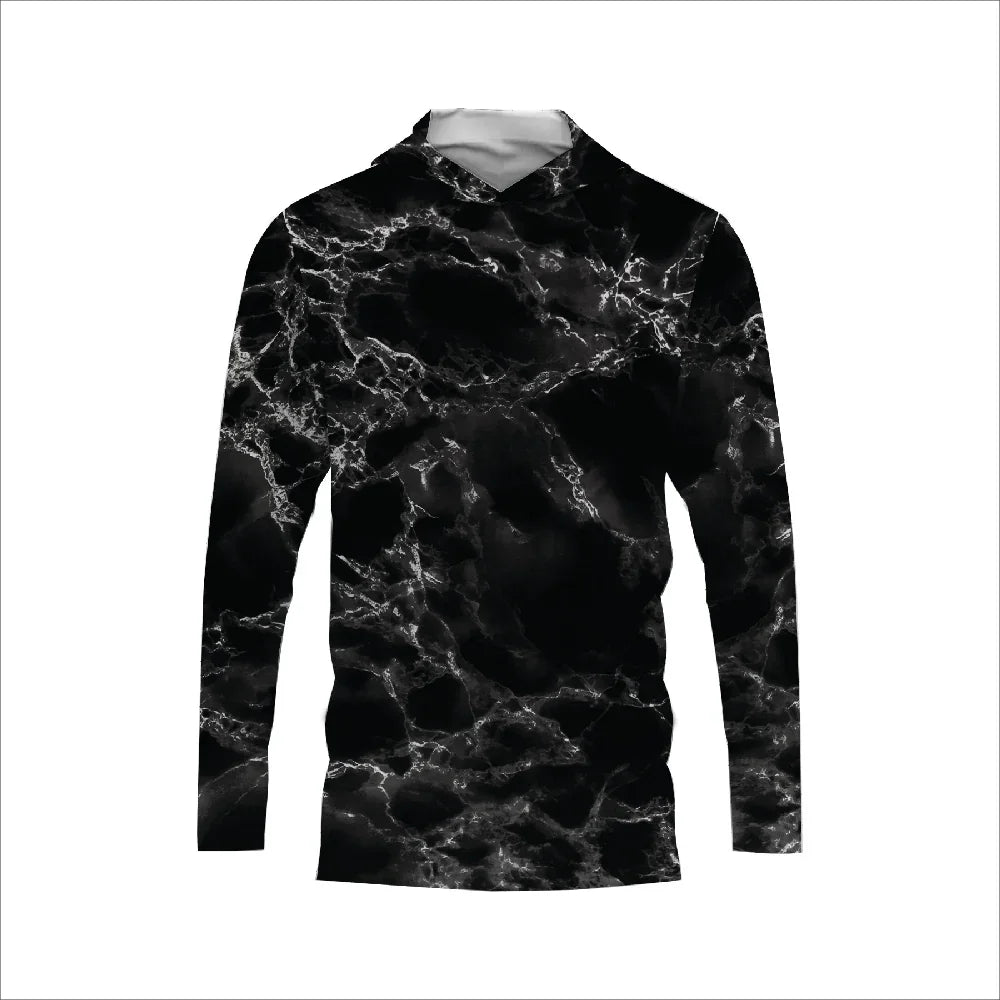 Long-sleeve hooded apparel with a black and white marble pattern.