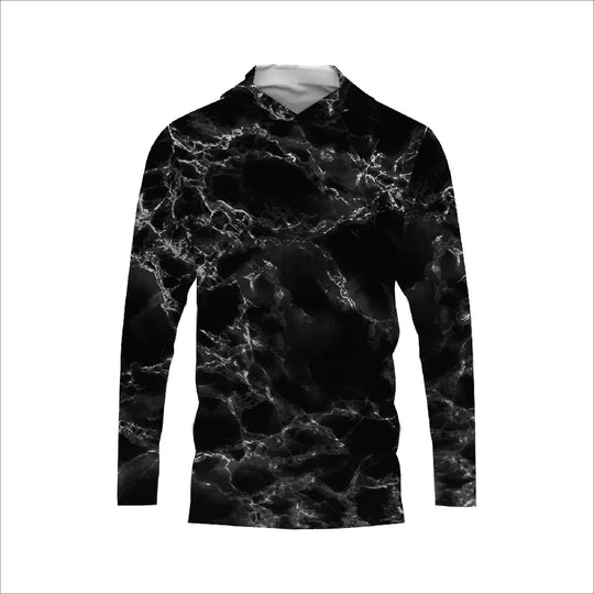 Long-sleeve hooded apparel with a black and white marble pattern.
