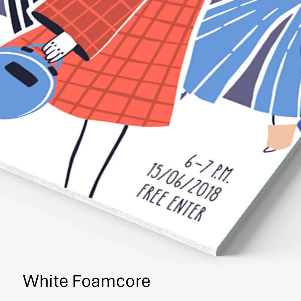 Custom printed white foamcore sign featuring colorful graphic illustrations and event text.