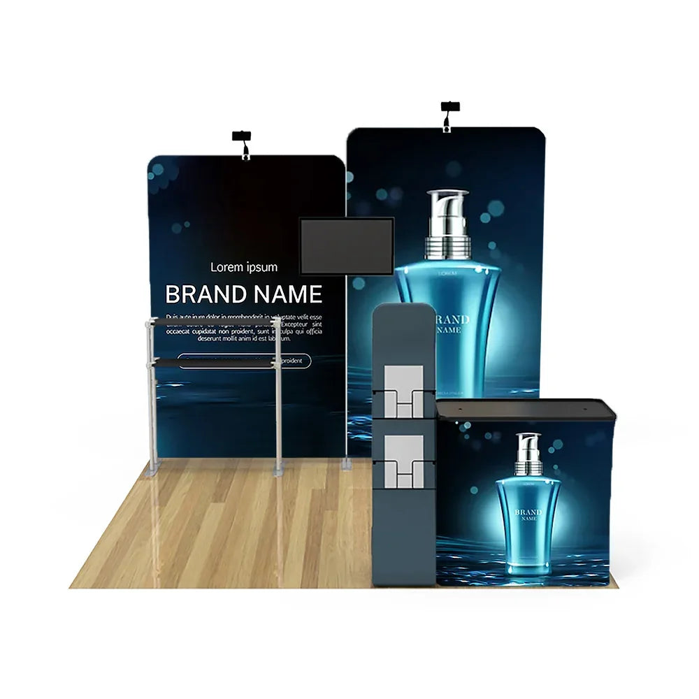 Custom trade show display set with printed banners, counter, and signage.