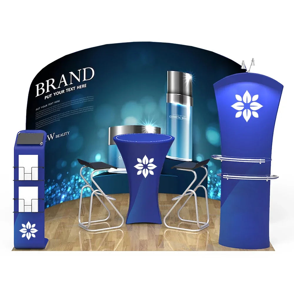 Custom blue branded trade show display set with backdrop, counter, podium, and brochure stand.