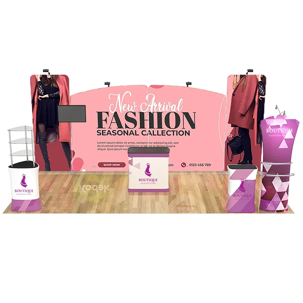 Pink custom fashion boutique trade show display set with banners and branded counters