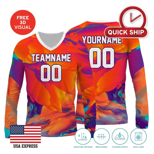 Custom long sleeve athletic jersey with a colorful abstract swirl pattern and personalized text.