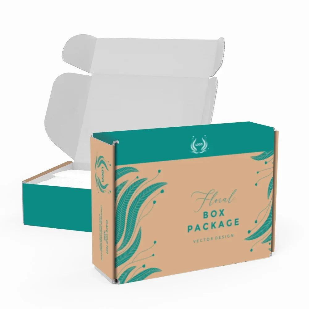 Custom floral design packaging box with teal and kraft paper accents