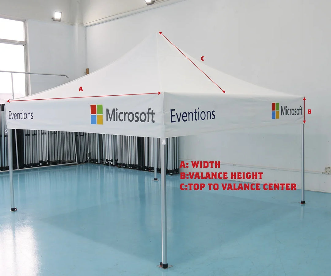 White custom canopy tent with Microsoft and Eventions branding and measurement labels