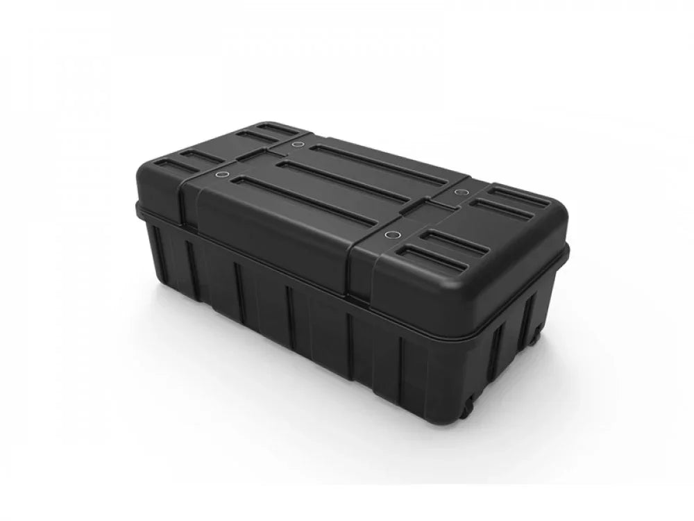 Heavy-duty black plastic storage case with reinforced lid