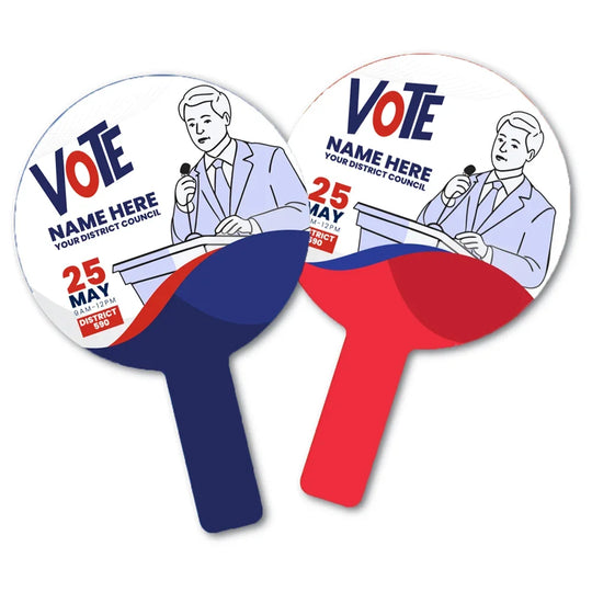 Two custom handheld campaign fans with election graphics and candidate placeholders.