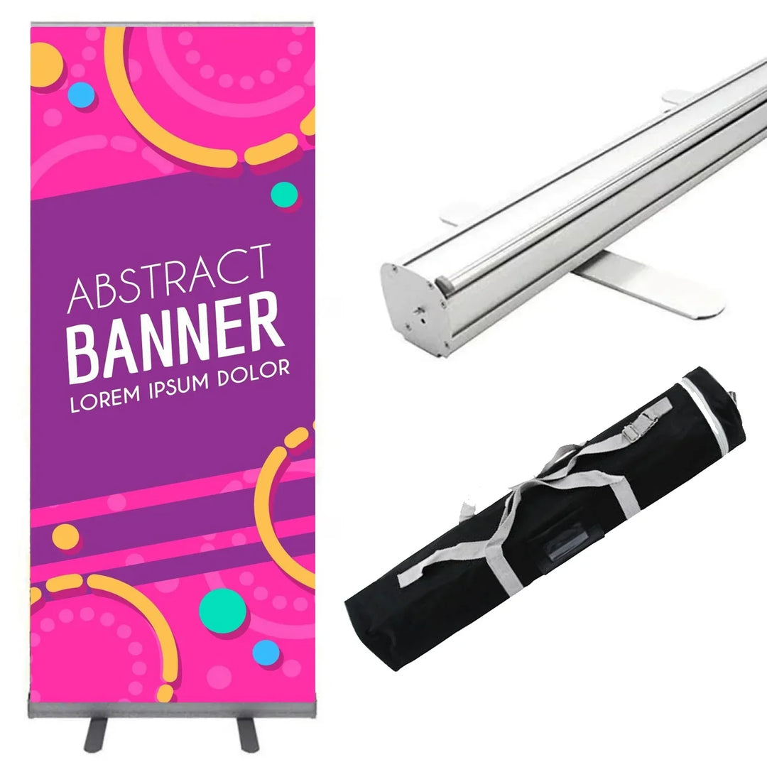 Custom retractable roll-up banner with colorful abstract design, hardware, and carrying case.