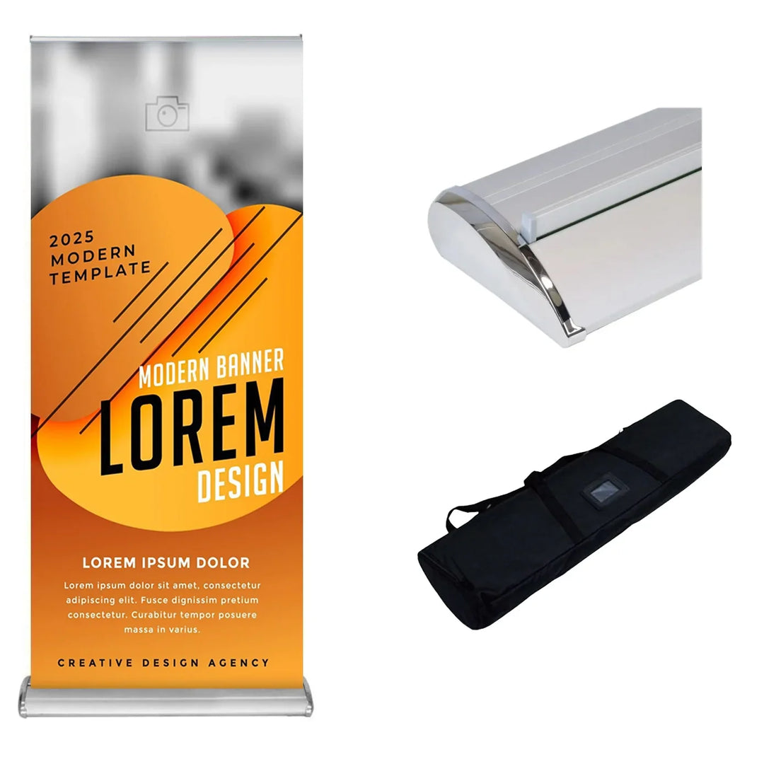Custom retractable roll-up banner stand with a portable carrying case.