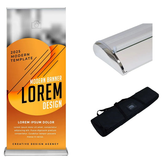 Custom retractable roll-up banner stand with a portable carrying case.