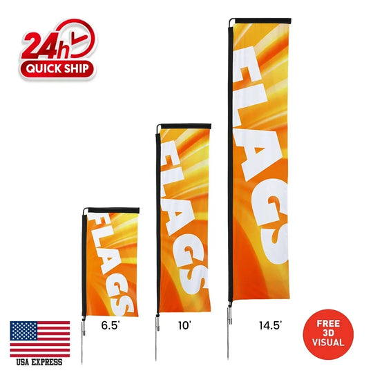 Three custom feather flags in 6.5ft, 10ft, and 14.5ft heights with orange and yellow gradient design.