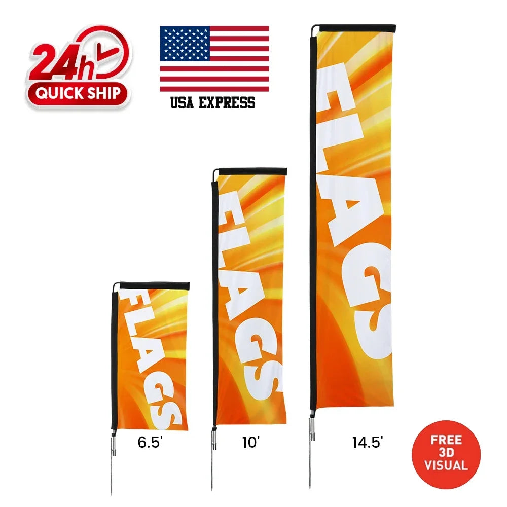 Three different sizes of custom orange feather flags: 6.5ft, 10ft, and 14.5ft.