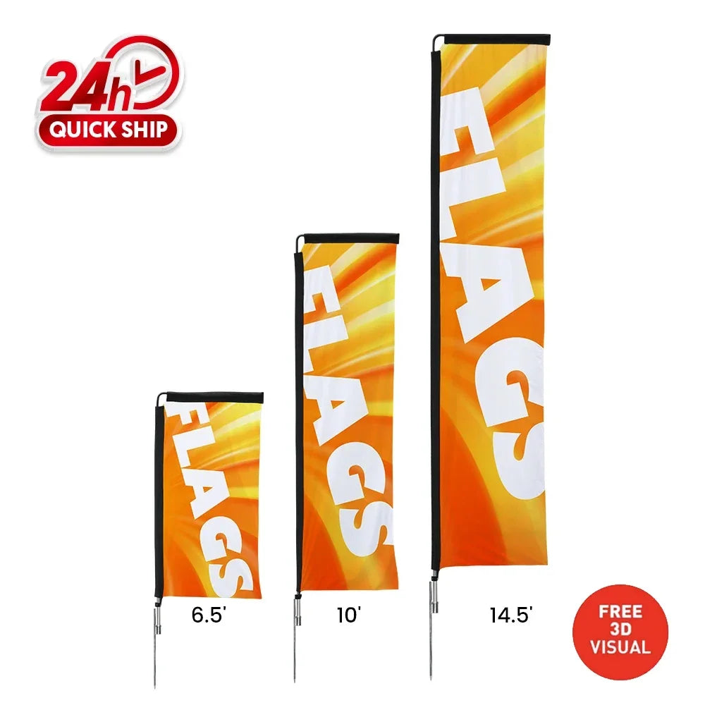 Three sizes of custom feather flags in 6.5', 10', and 14.5' heights with orange designs.