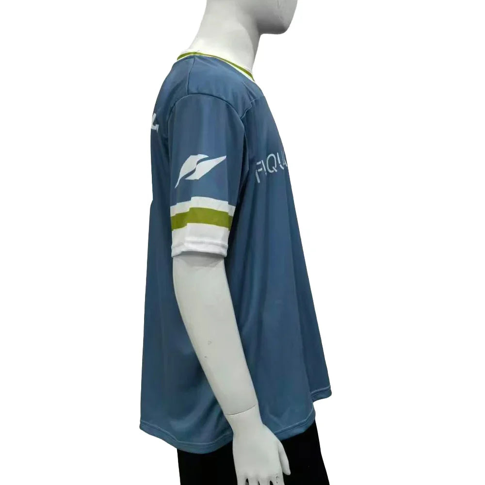 Custom blue short-sleeve athletic shirt with white and green sleeve accents