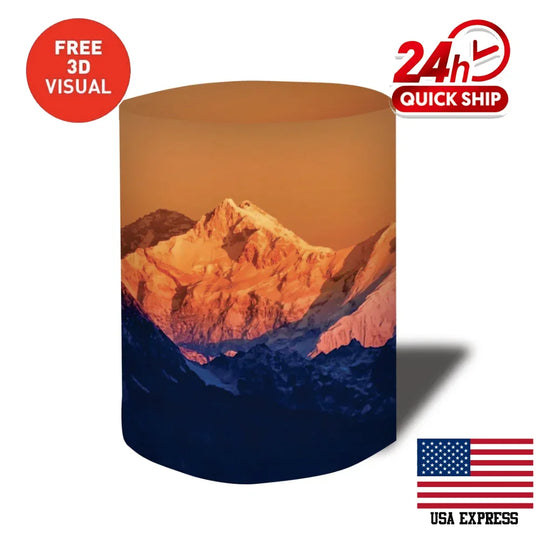 Custom cylindrical banner with a mountain landscape print during sunset.