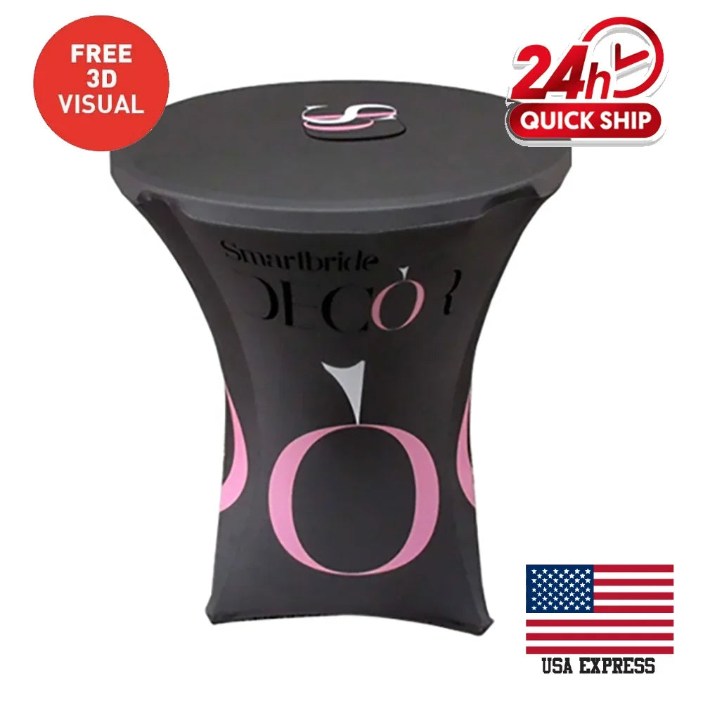 Custom black spandex stretch table cover with pink Smartbride Deco logo