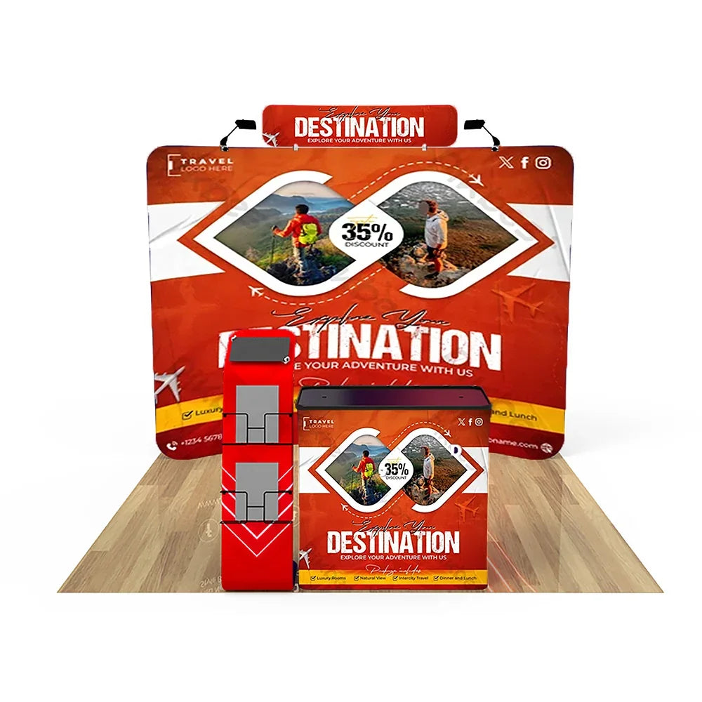 Custom branded trade show display set including a backdrop banner and matching podium counter.