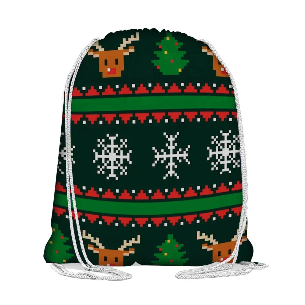 Christmas themed drawstring backpack with pixel art reindeer, trees, and snowflakes