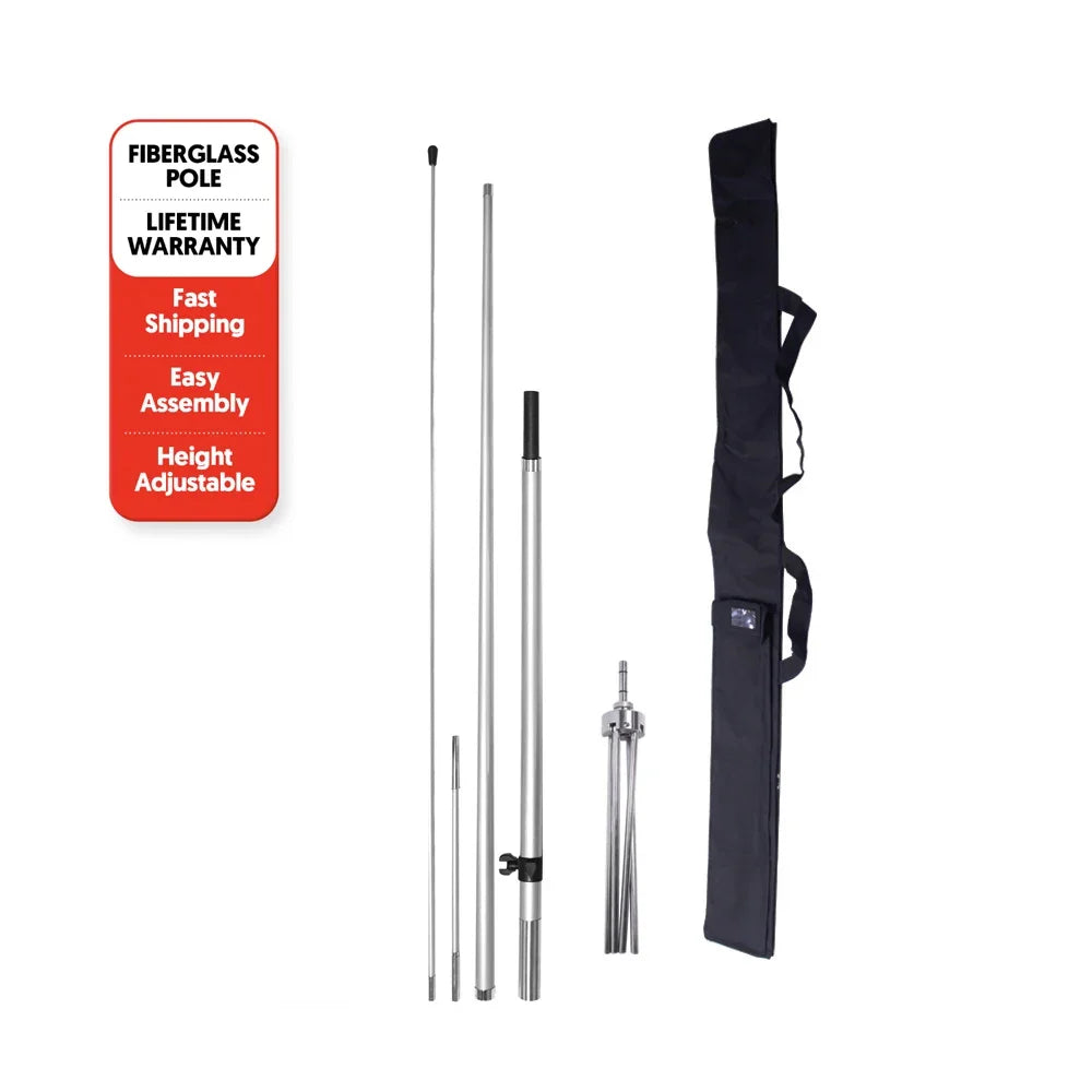 Adjustable fiberglass flag pole kit with carrying bag and assembly components