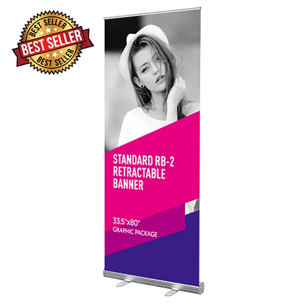 Standard RB-2 retractable banner with custom graphic package featuring a woman's portrait.