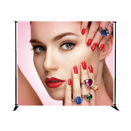 Custom printed fabric banner featuring a close-up of a woman with red nails and gemstone rings