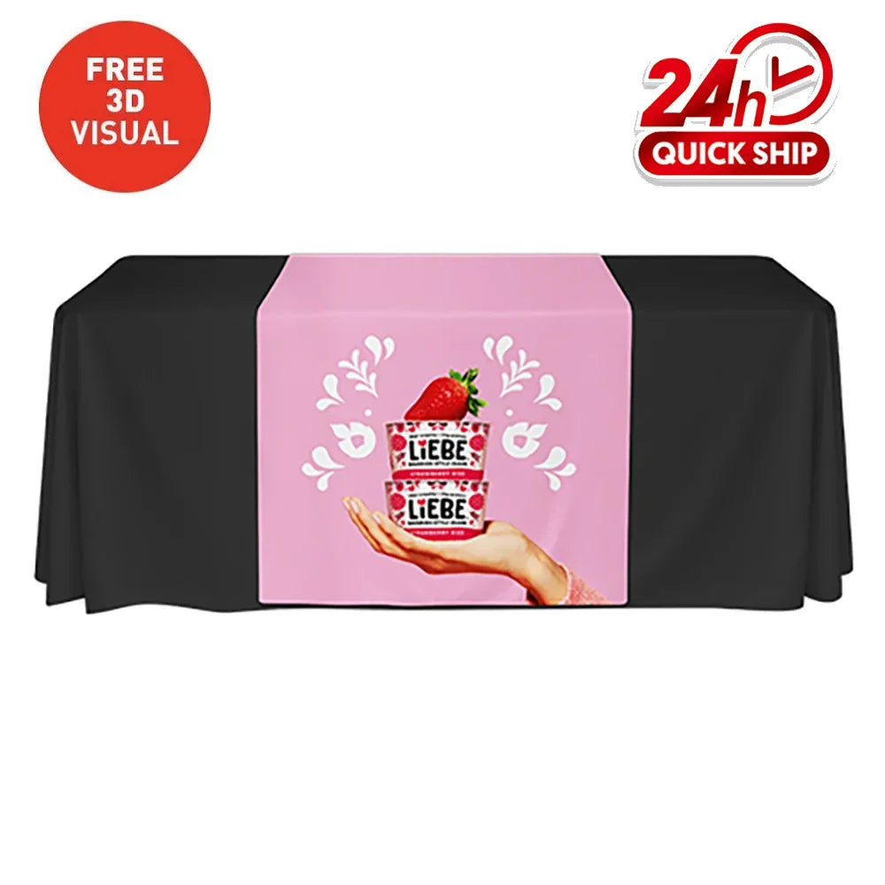 Custom black table cover with a pink center panel featuring Liebe strawberry yogurt branding