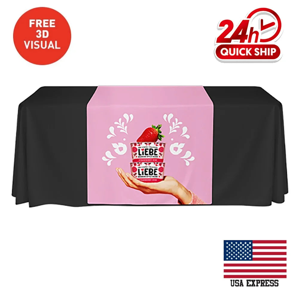 Custom black and pink table cover with Liebe strawberry dessert graphic