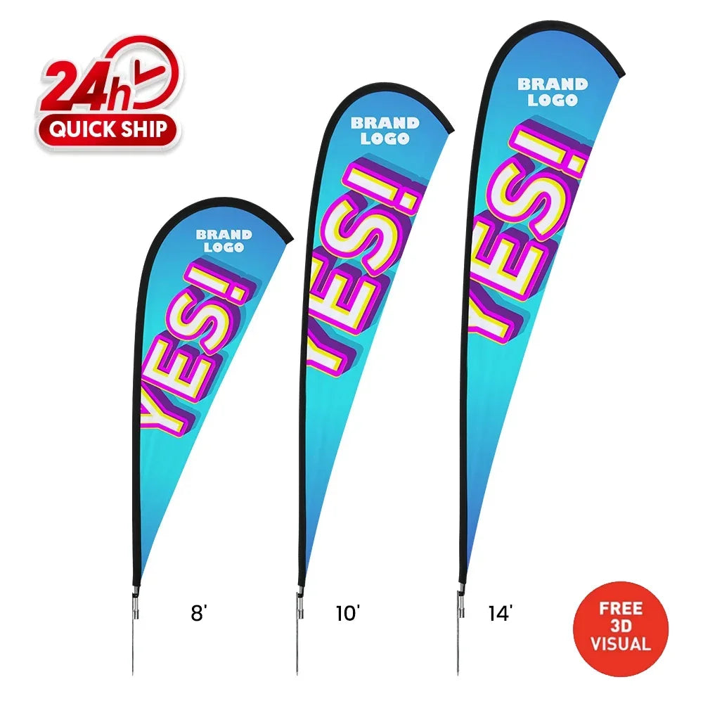 Three custom blue teardrop flags in 8ft, 10ft, and 14ft heights with colorful graphics.