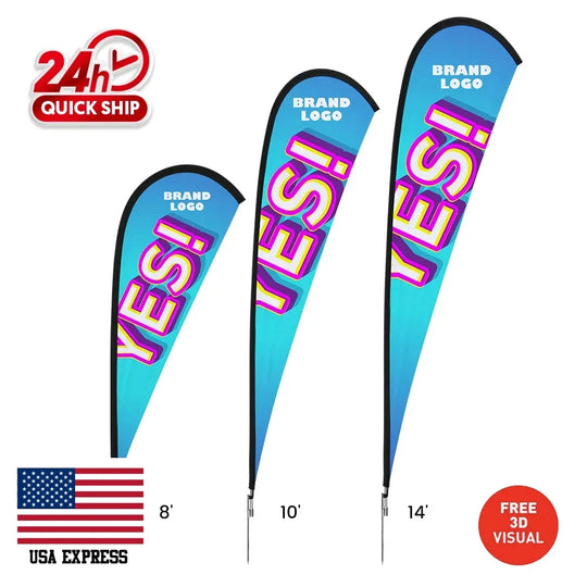 Three custom teardrop flags in 8ft, 10ft, and 14ft sizes with blue and pink graphics.