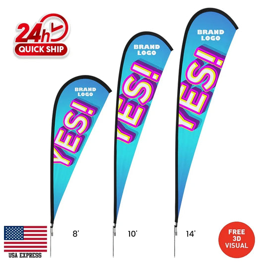 Three custom feather flags in 8ft, 10ft, and 14ft heights with blue gradients and 'YES!' text.