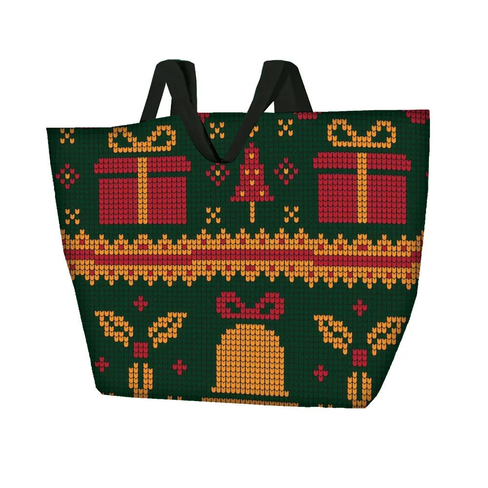 Green tote bag with a festive red and yellow knitted Christmas pattern