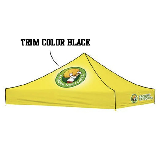 Custom yellow canopy tent with a logo and black trim.